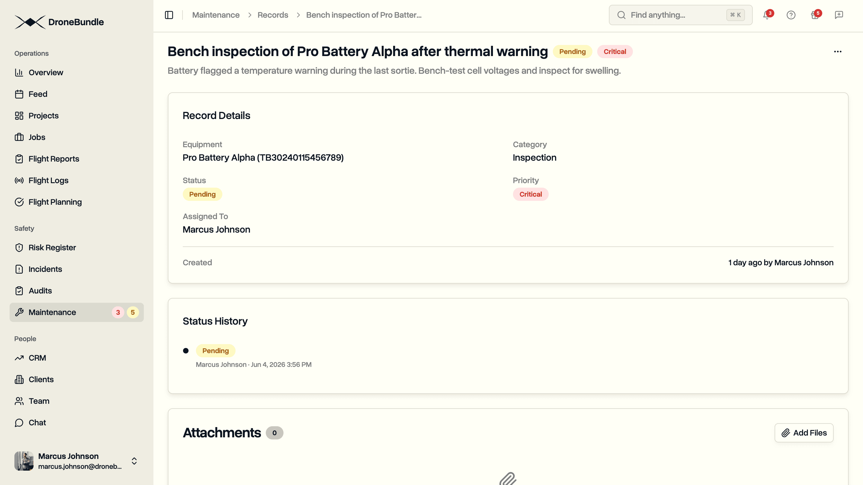 A single maintenance record showing what was done, its priority, who it is assigned to, and its status history
