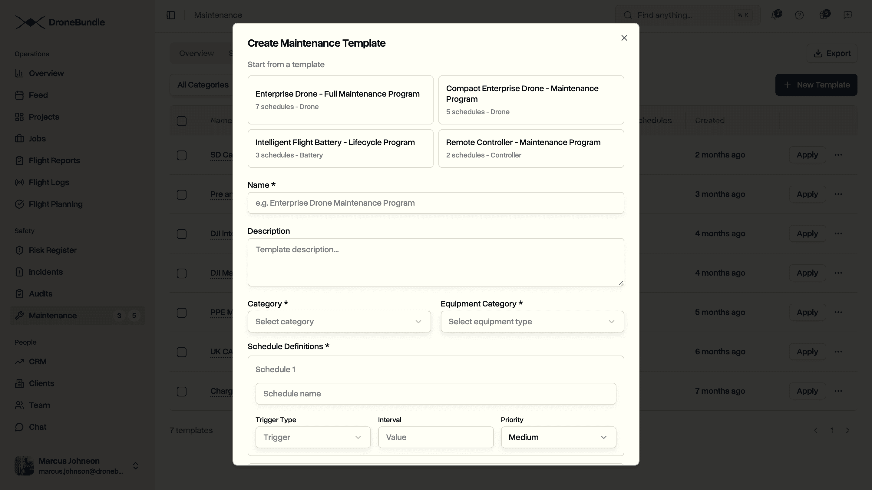 Building a maintenance template by bundling several scheduled services to apply to a piece of equipment in one step