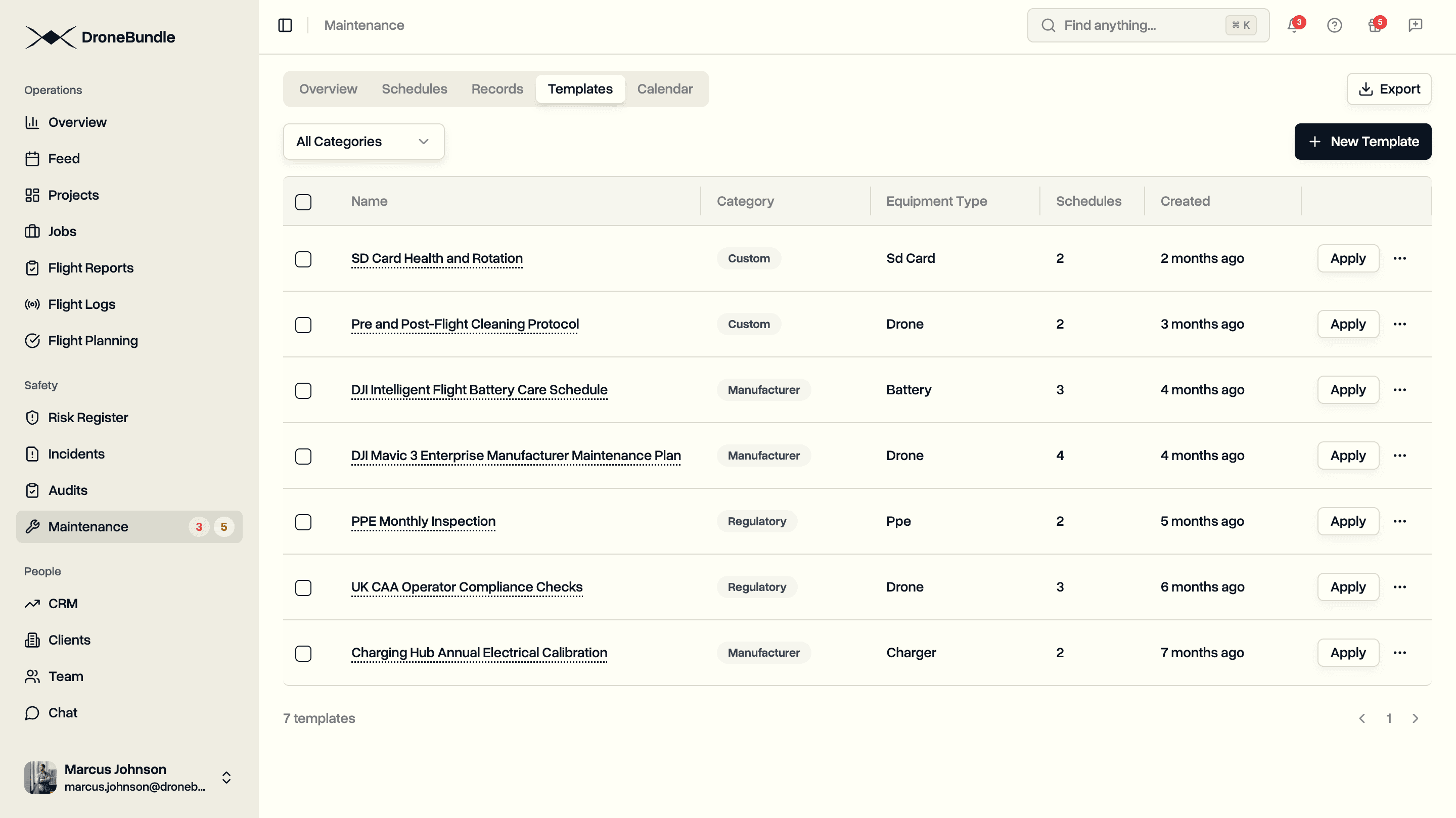 The maintenance templates library with manufacturer, regulatory, and custom programmes, each holding a set of schedules