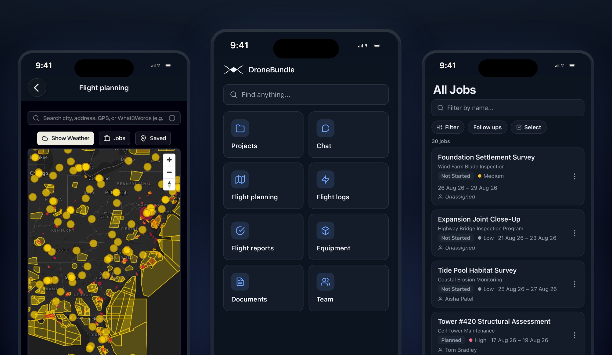 The DroneBundle iPhone app shown on three phones: the airspace map, the home screen, and the list of every job in the workspace
