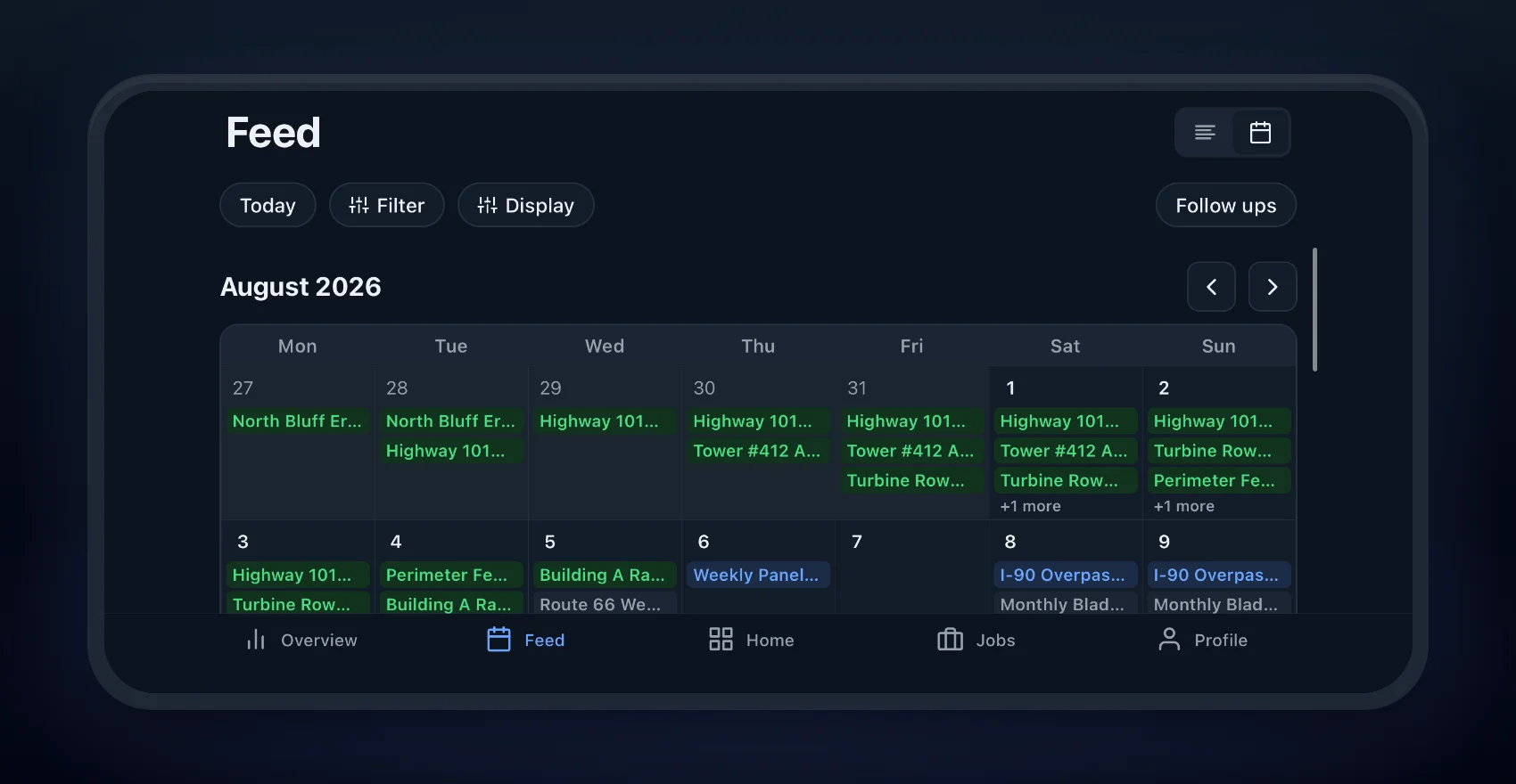 The job feed month calendar in landscape on iPhone, with jobs listed on each day