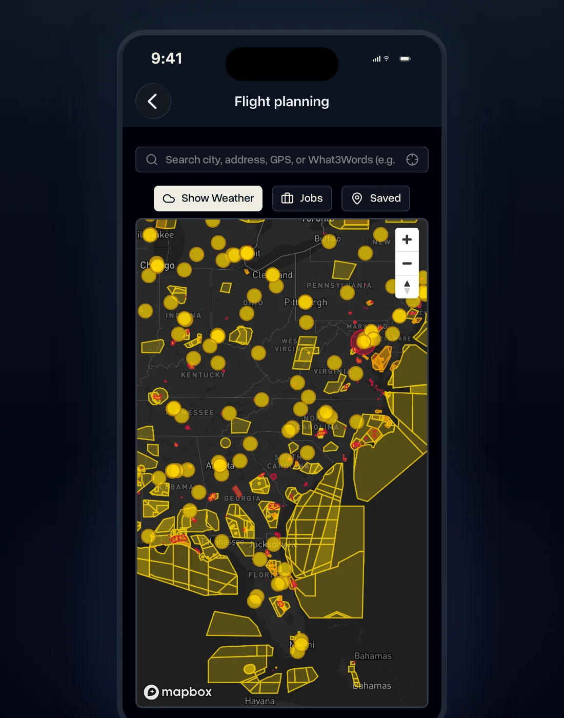 The airspace map open in the DroneBundle iPhone app, with zones drawn over the eastern United States