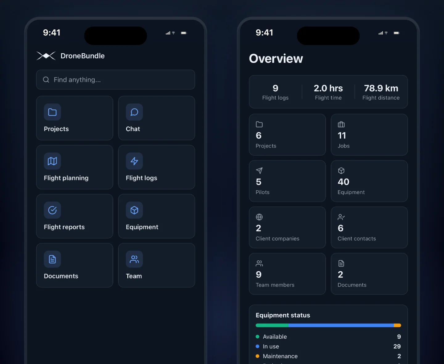 The DroneBundle home screen and the workspace overview side by side on iPhone