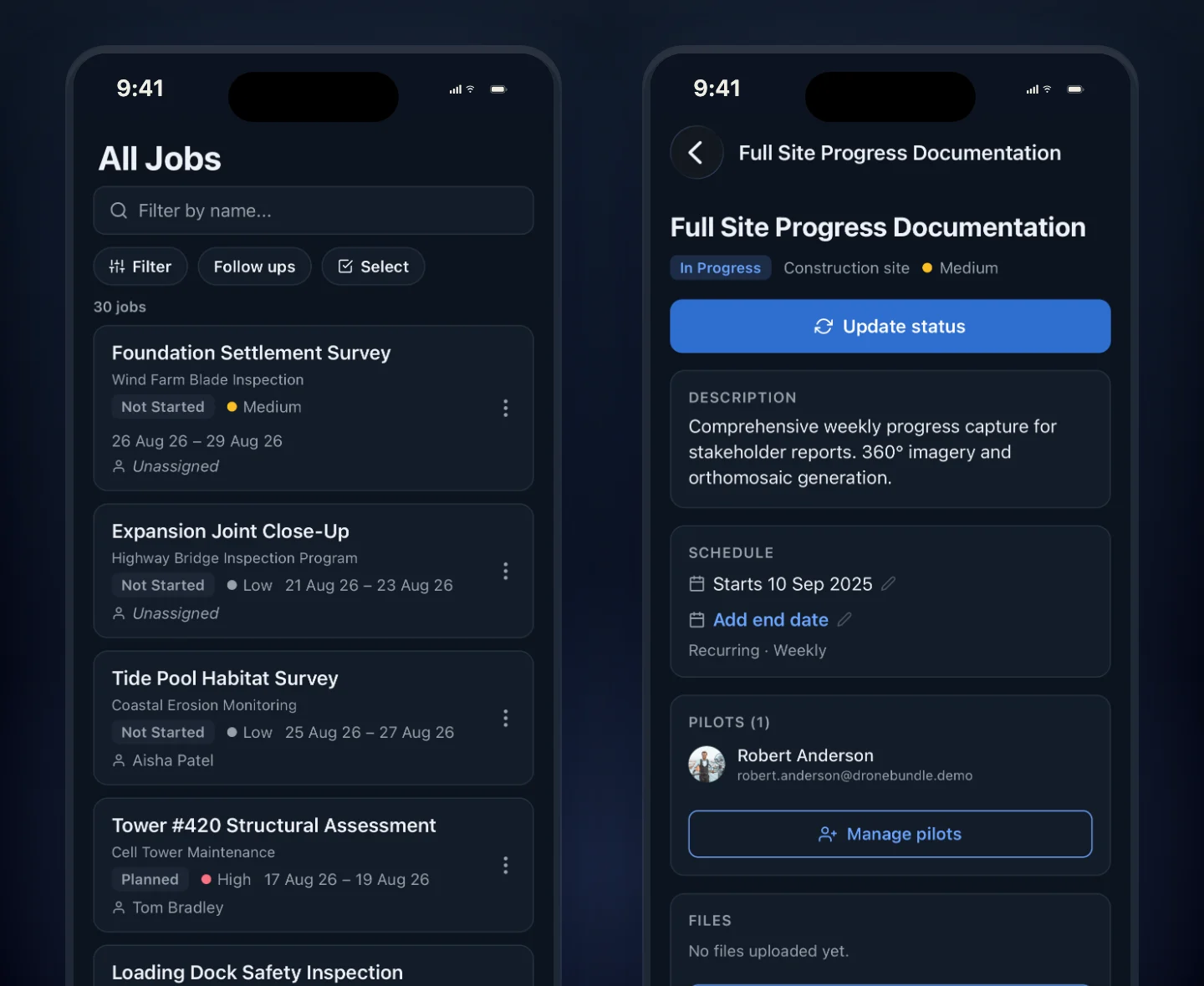 The list of every job and a single job open on iPhone, showing status, schedule, assigned pilots and files