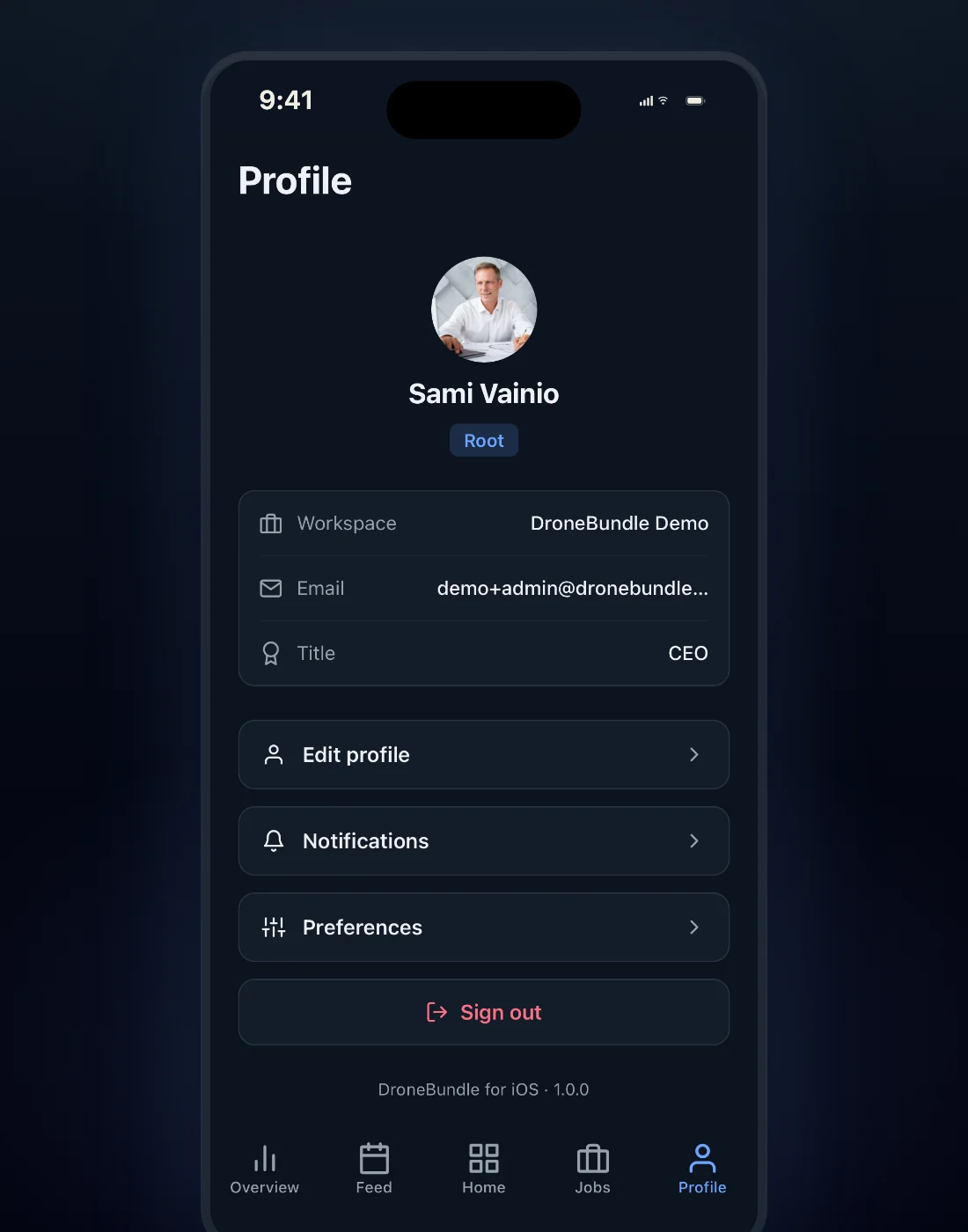 The profile screen in the DroneBundle iPhone app showing the workspace, role, and settings