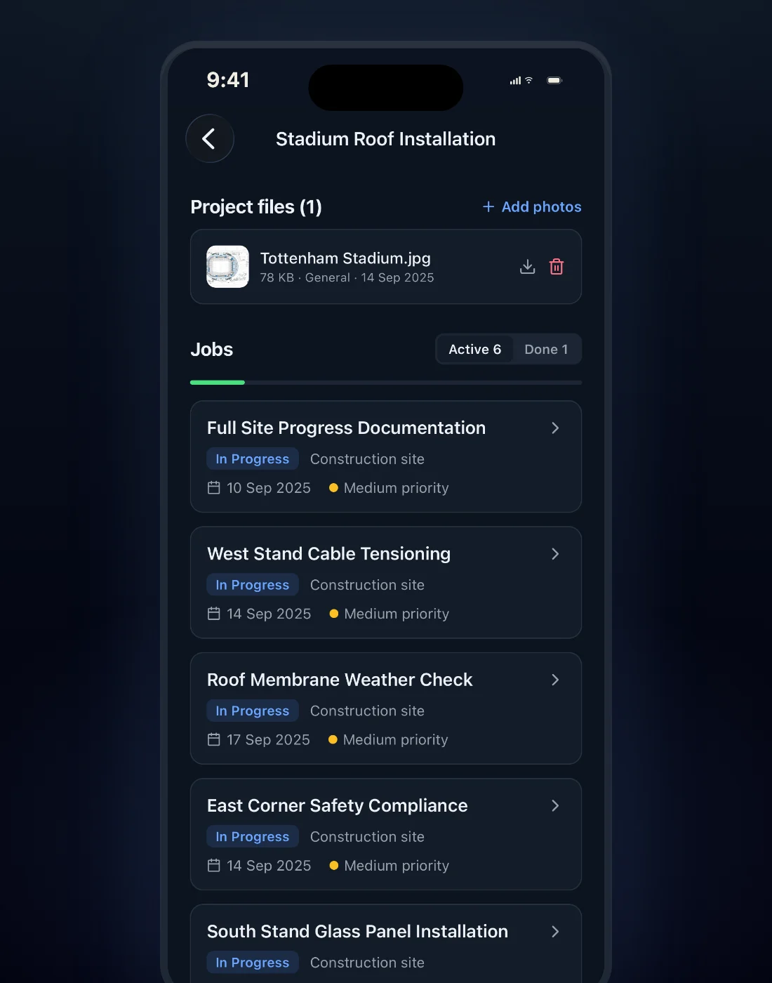 A project open on iPhone showing its files and the jobs inside it, split between active and done