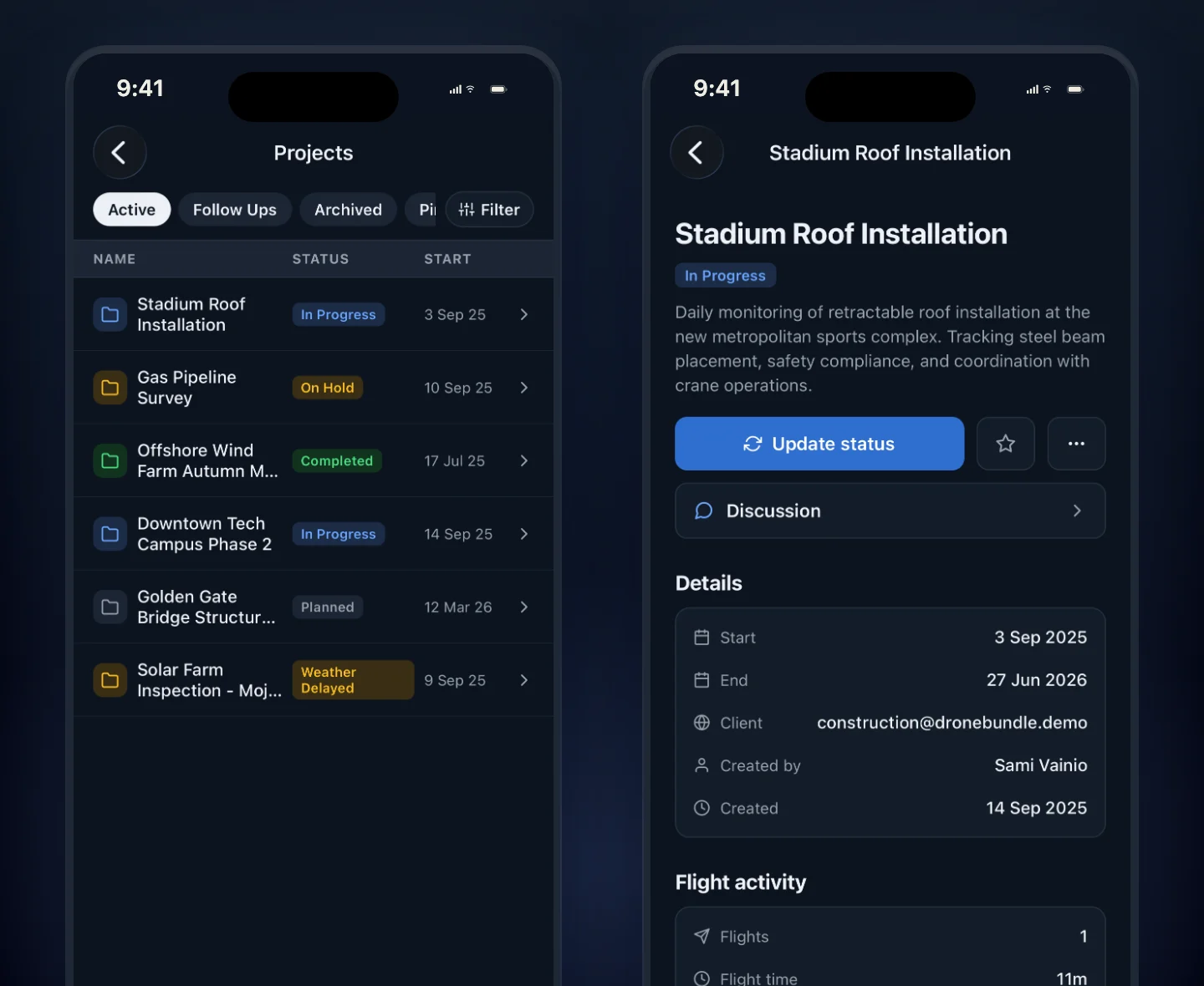 The projects list and a single project open on iPhone, showing status, client, dates and flight activity