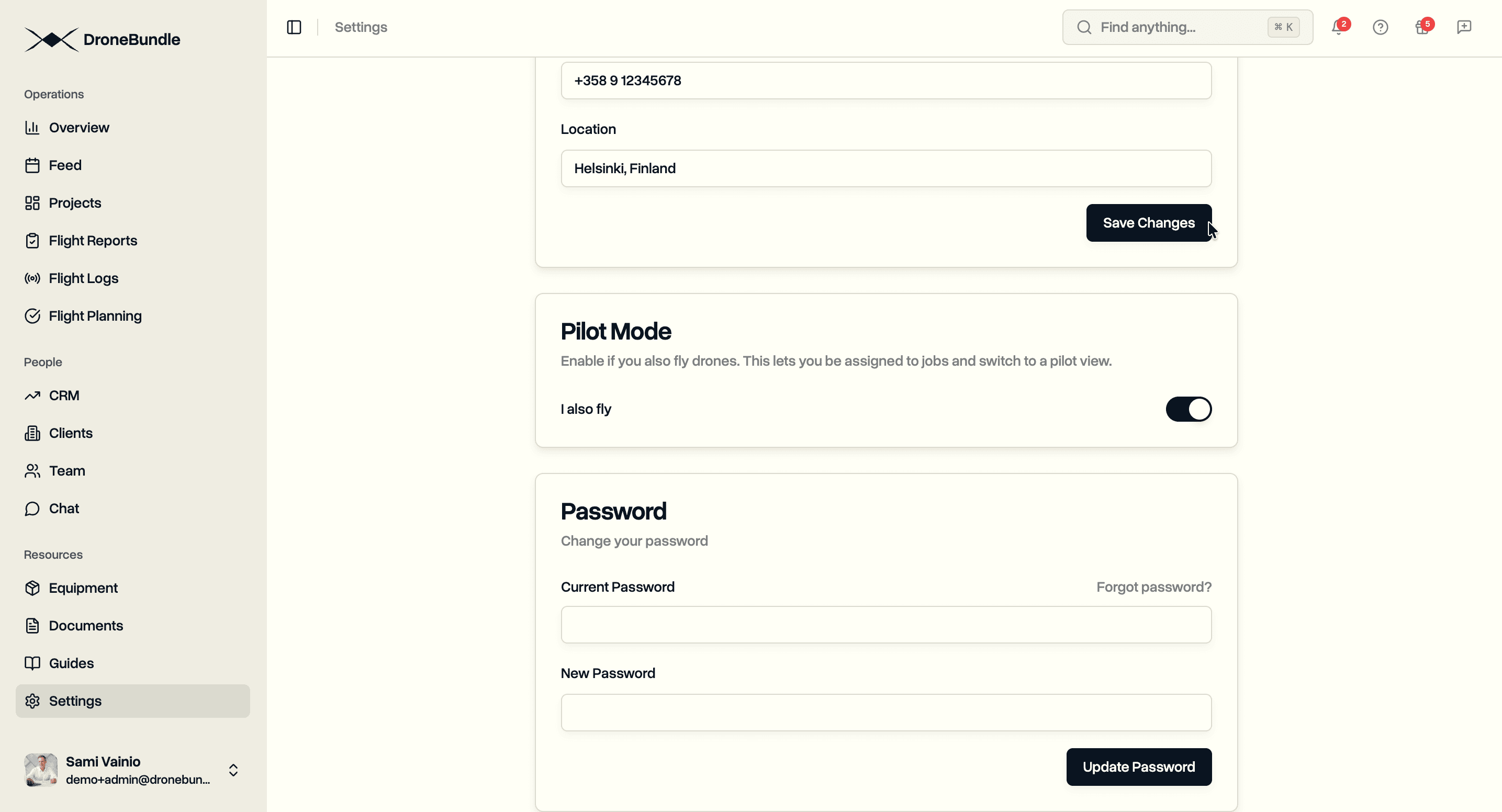 Pilot Mode toggle in Settings > Profile