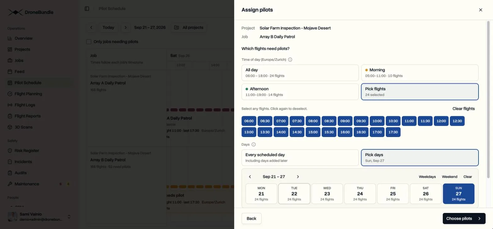The Assign pilots dialog in DroneBundle asking which flights need pilots, with time of day cards, flight time chips, and a week of dates