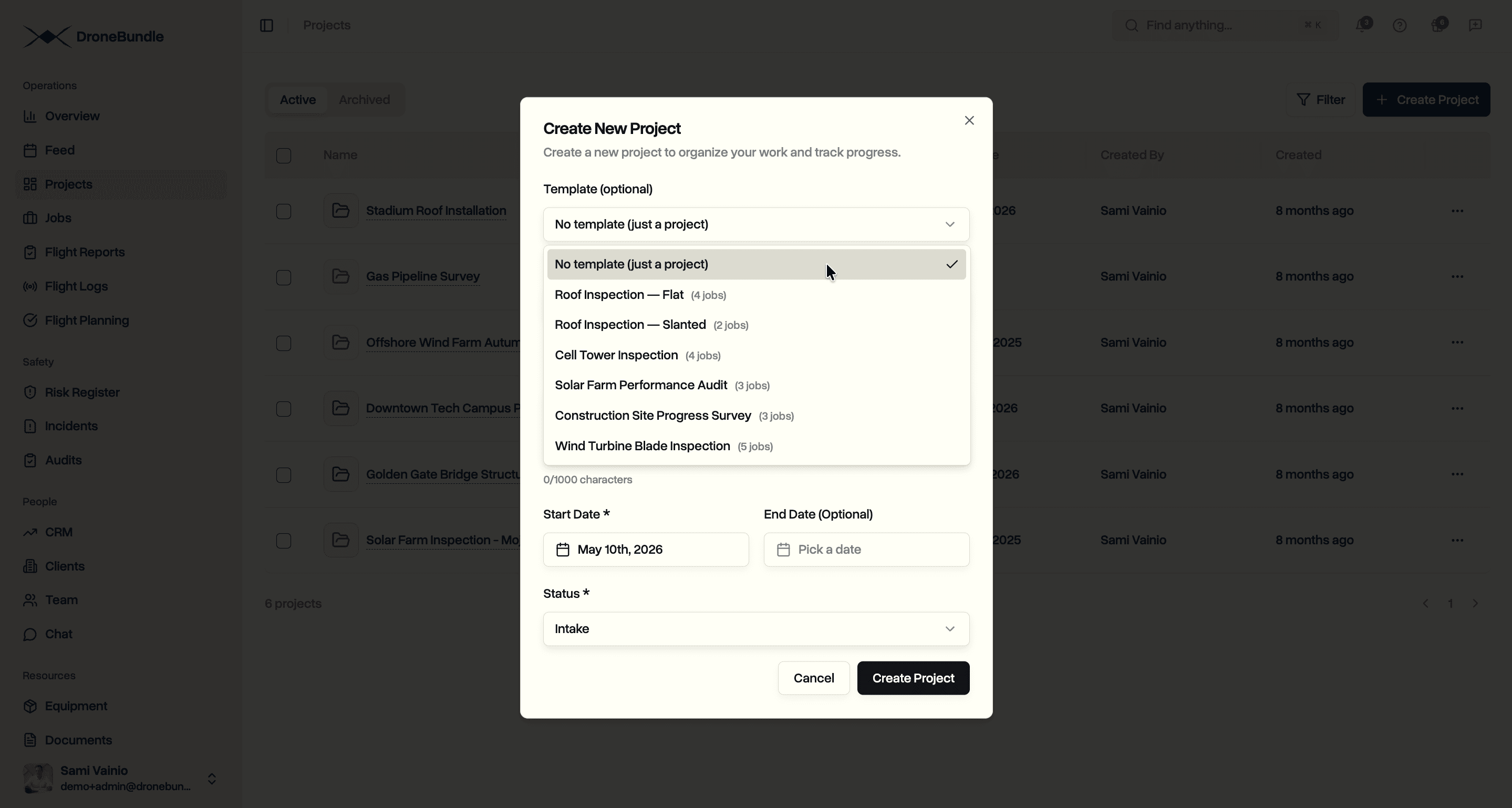 Create Project dialog with the Template (optional) dropdown open, showing the six available templates with their job counts