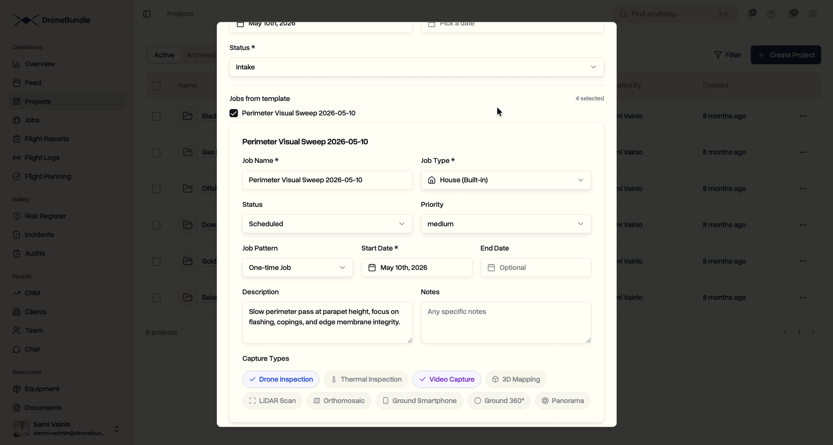 Create Project dialog after picking a flat-roof inspection template, with four jobs queued under the project fields and the first job card expanded for editing