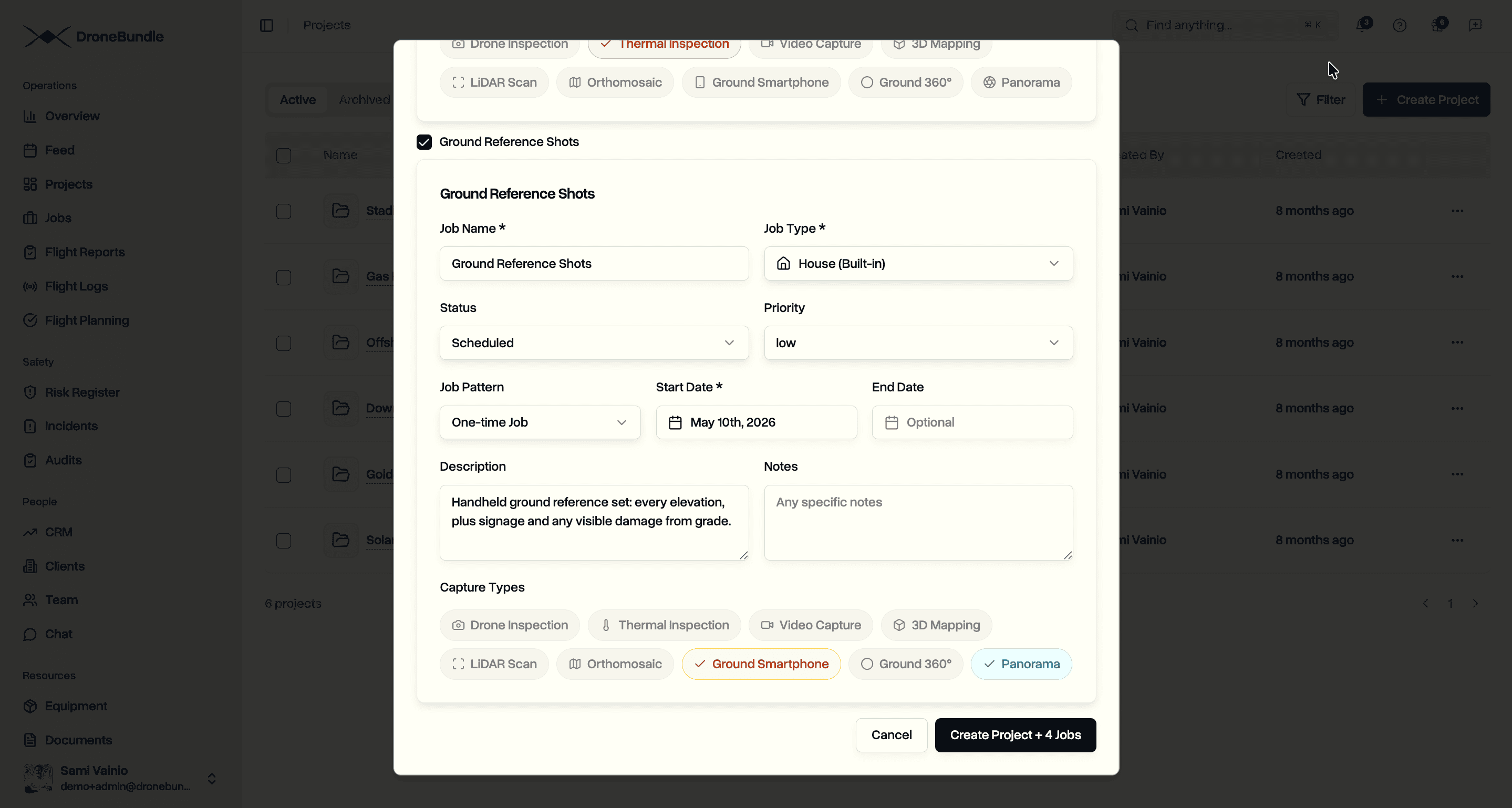 Bottom of the Create Project dialog with the Ground Reference Shots job card filled in (House type, Ground Smartphone and Panorama capture types selected) and a Create Project + 4 Jobs submit button