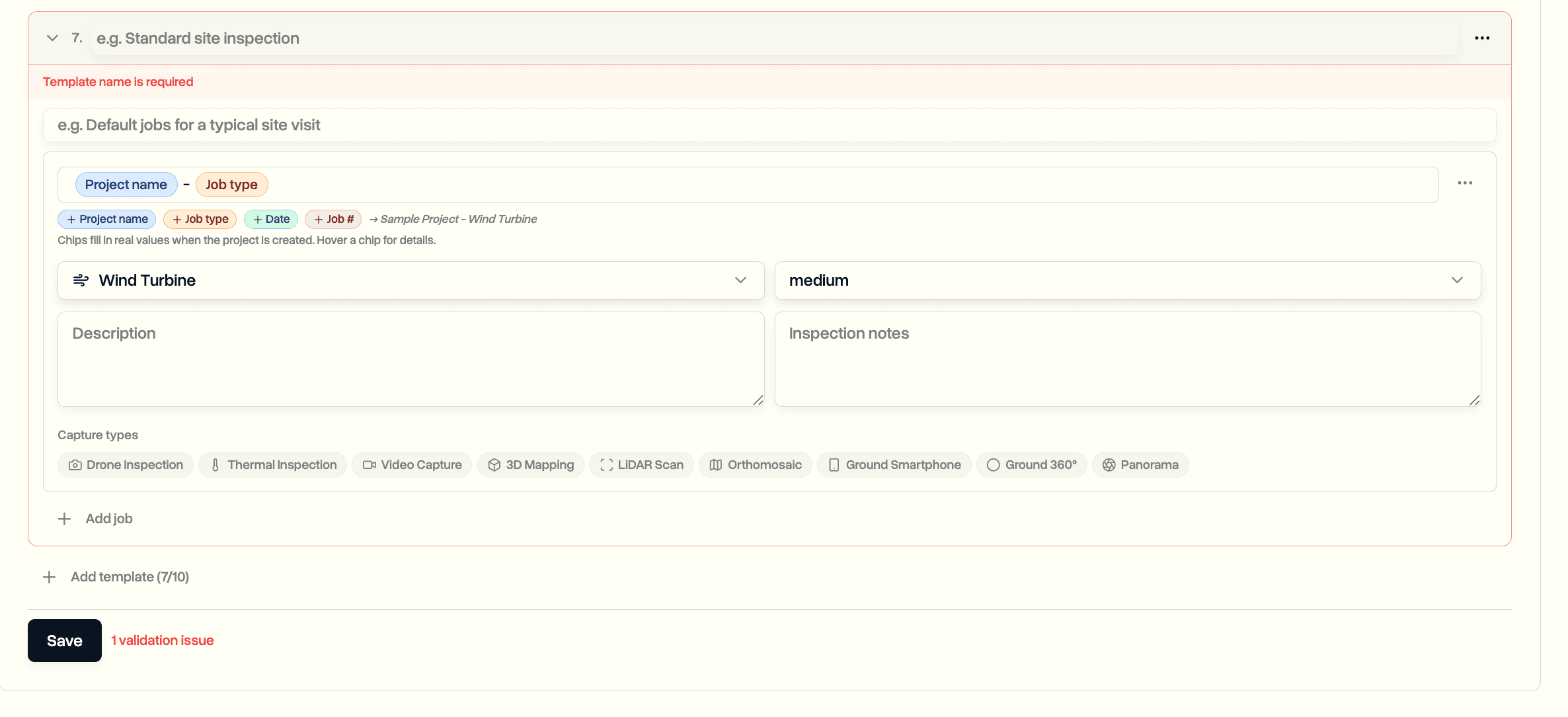 New template editor with the chip-style name field showing Project name and Job type placeholders joined by a dash, plus a live name preview rendering the filled-in values alongside