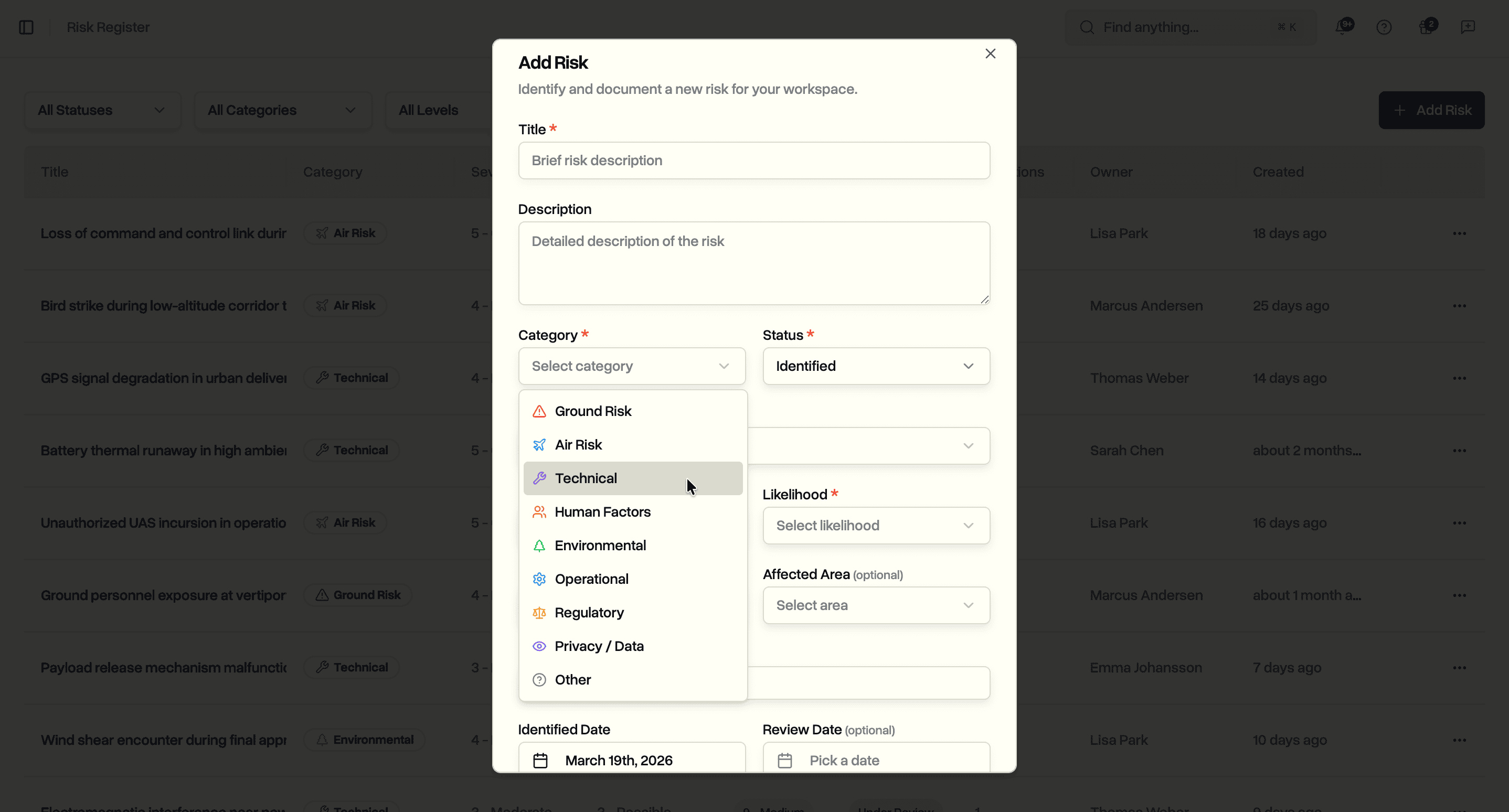 Add risk dialog with severity, likelihood, and calculated risk score