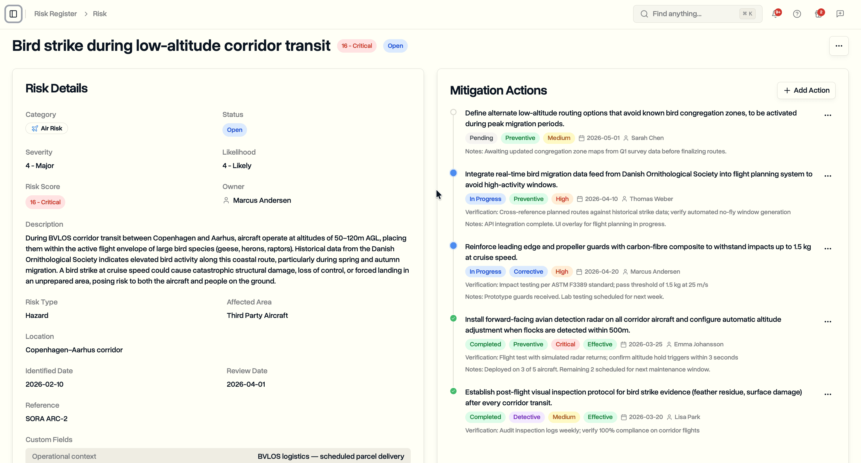 Risk detail page with risk information and mitigation timeline