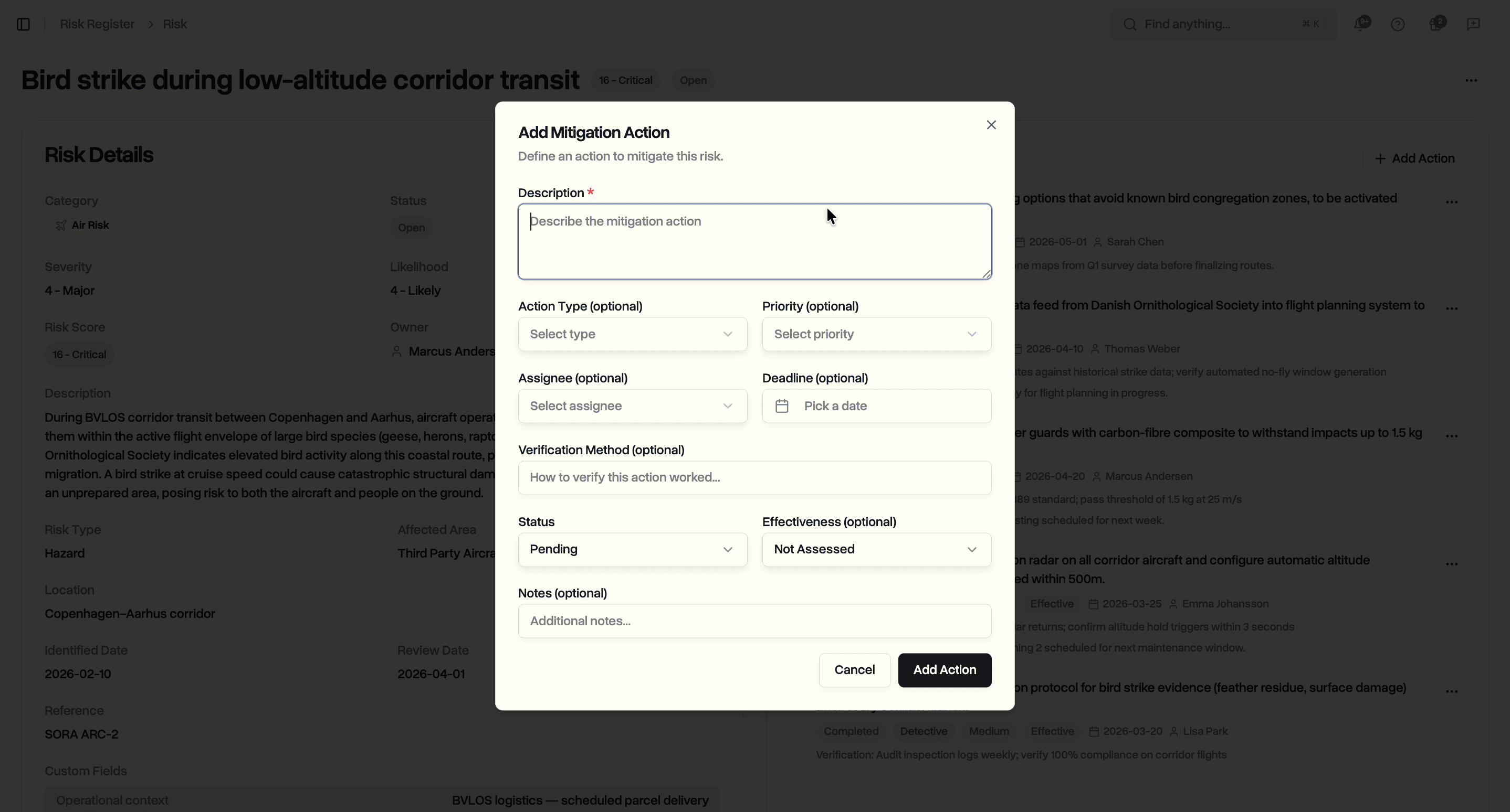 Add mitigation action dialog with type, priority, and verification fields