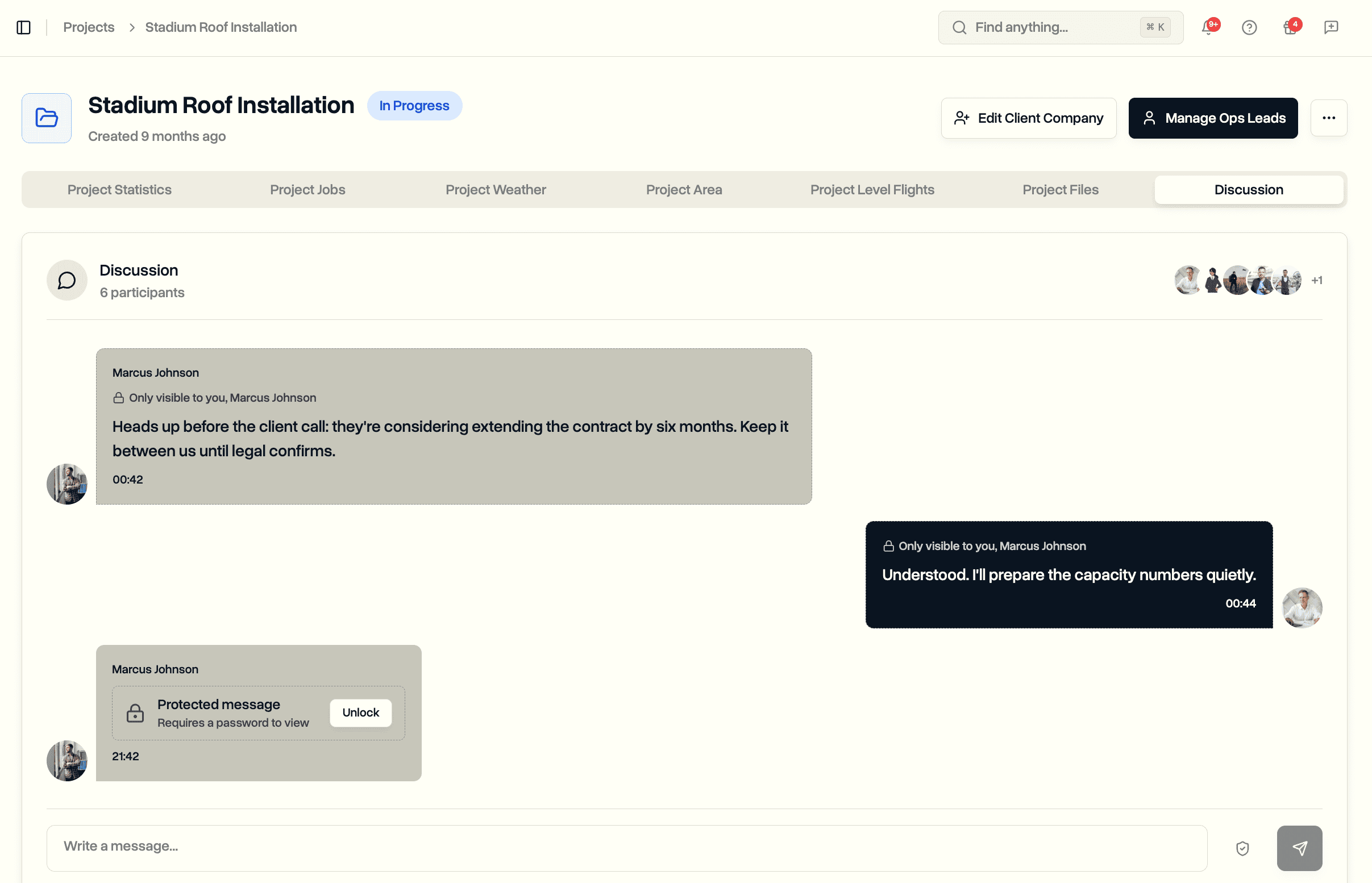 Project discussion showing a private message visible to selected people and a password-protected message with an unlock button