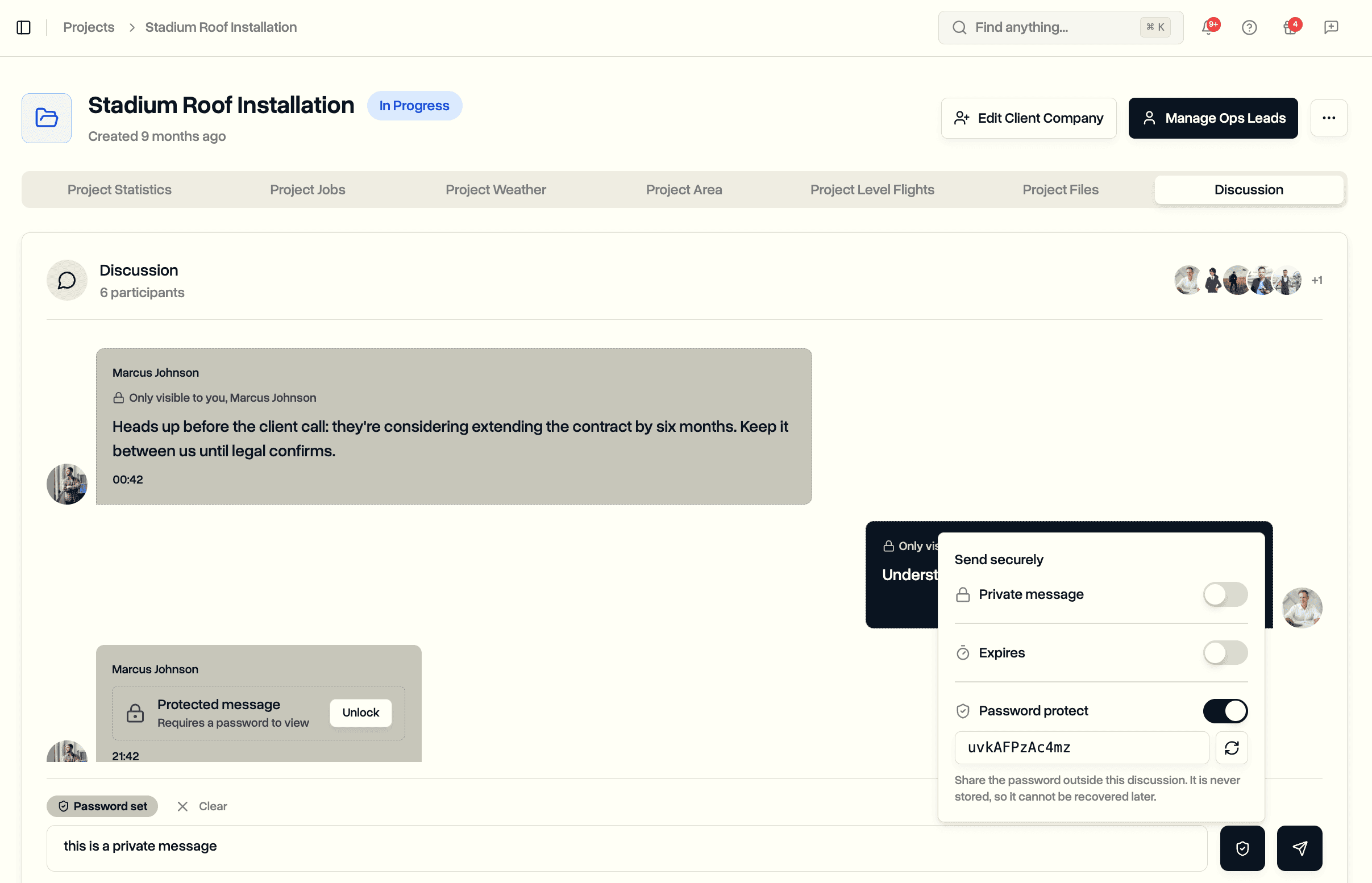 Password protect option with a generated password and sharing guidance
