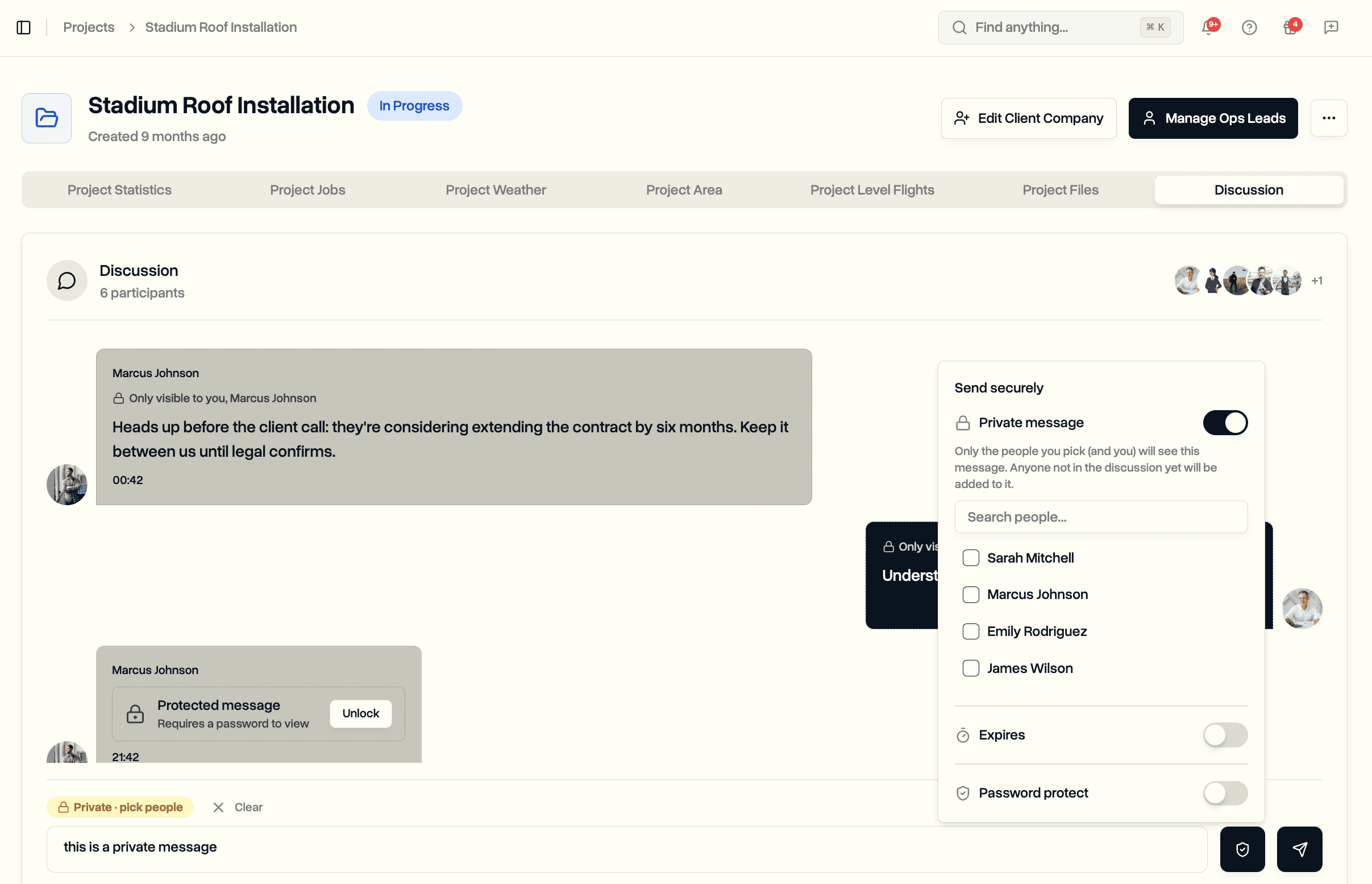 Private message recipient picker with team member checkboxes