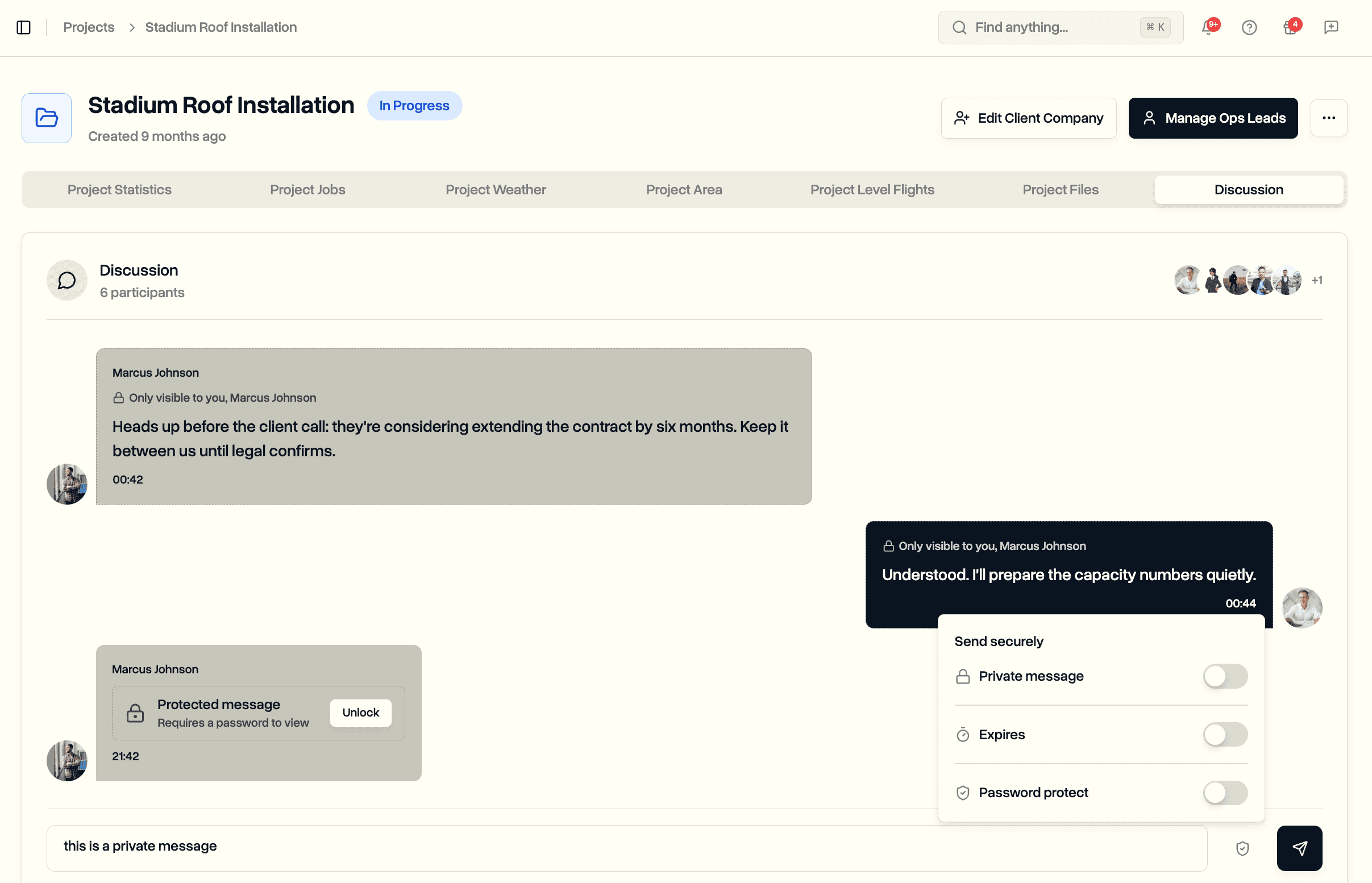Send securely menu with private message, expires, and password protect options