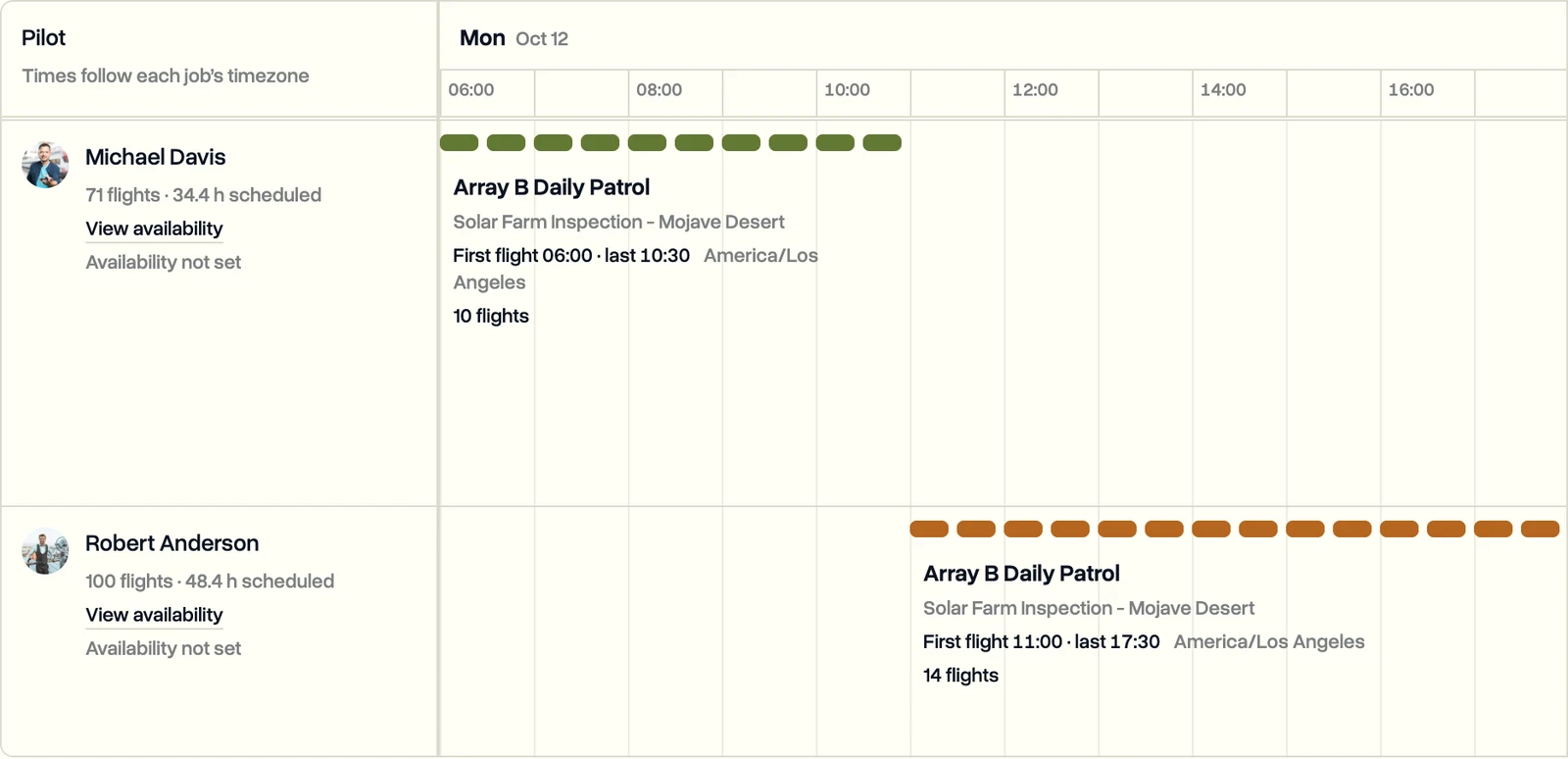 Pilot schedule with one pilot on the morning patrol flights and another on the afternoon flights