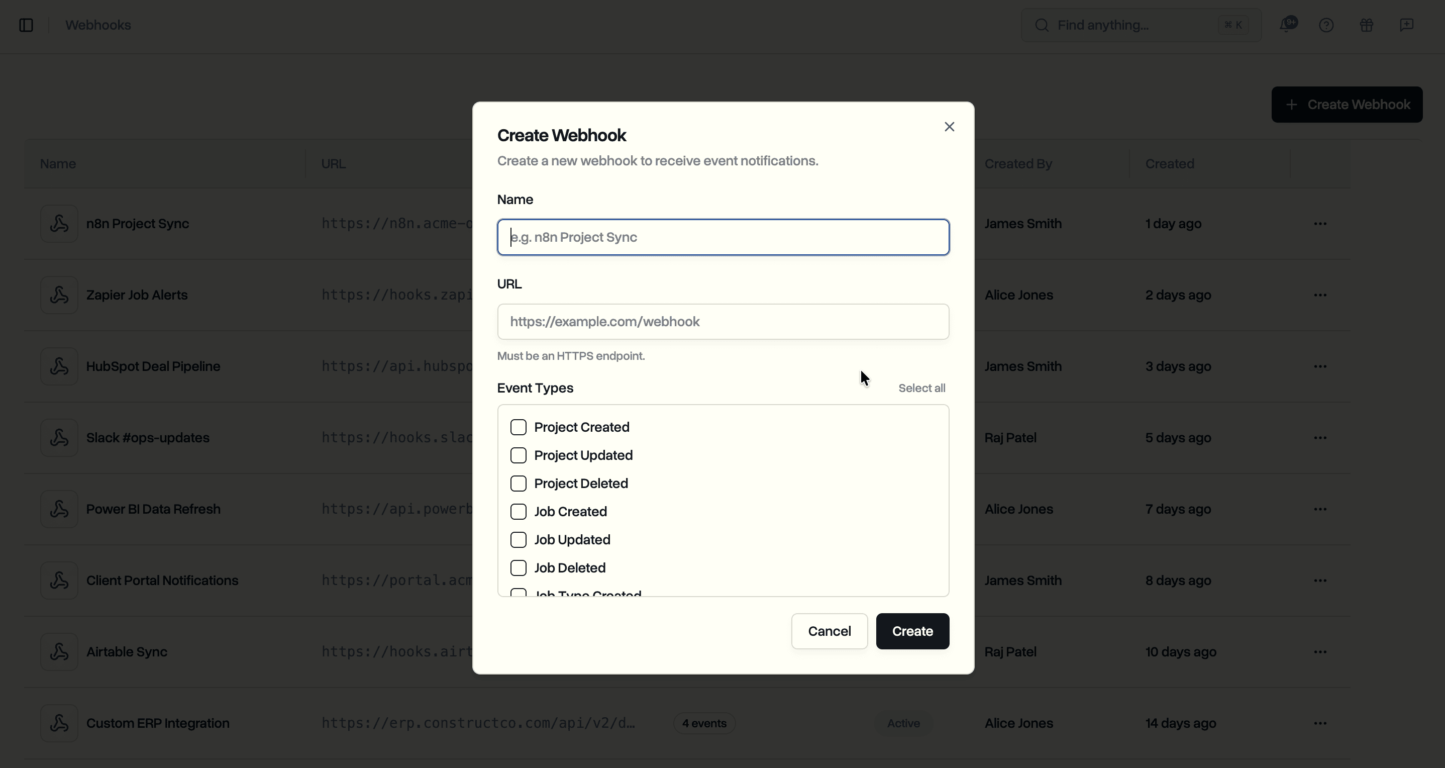 Create webhook dialog