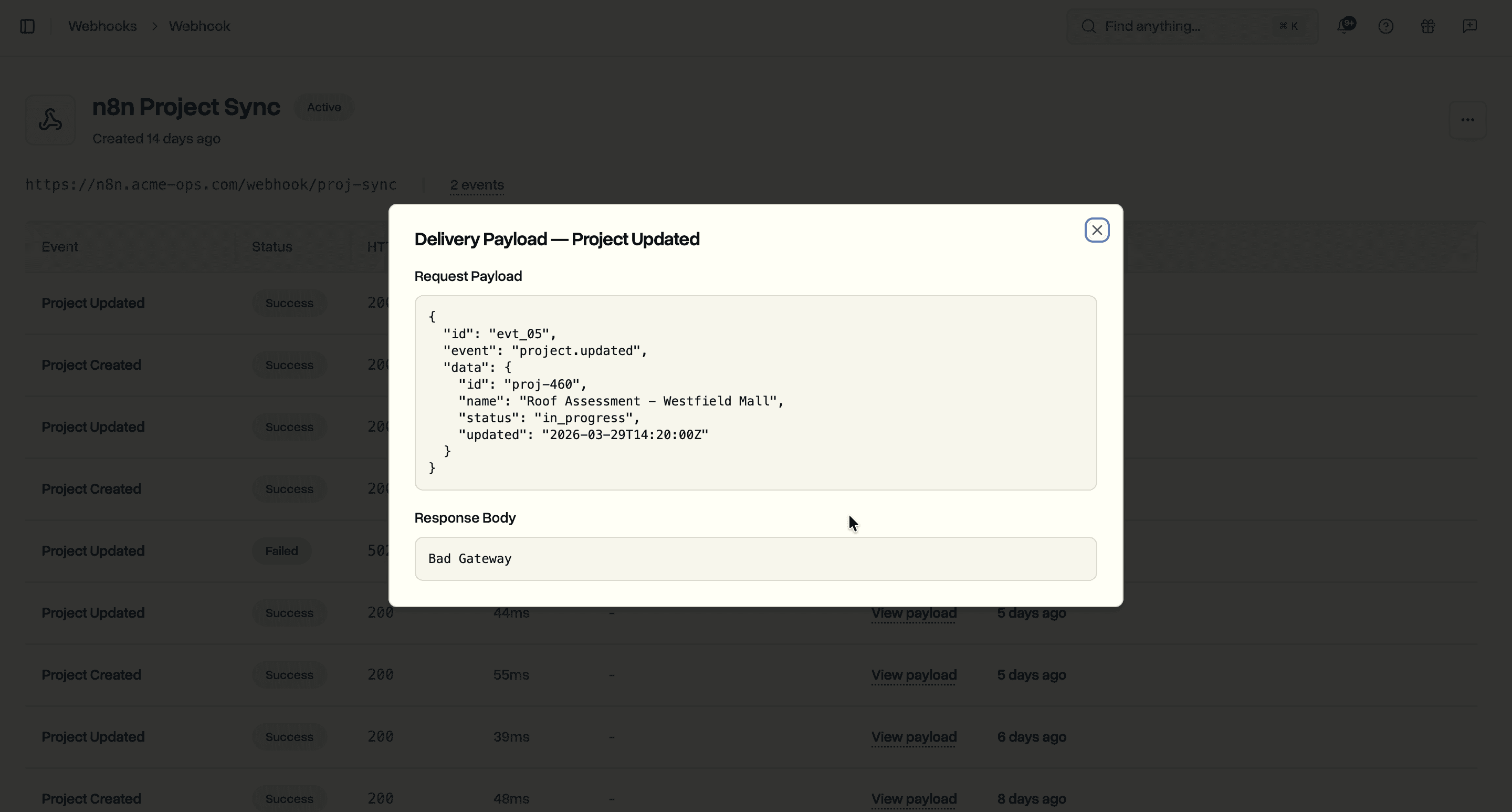 Failed delivery showing error response