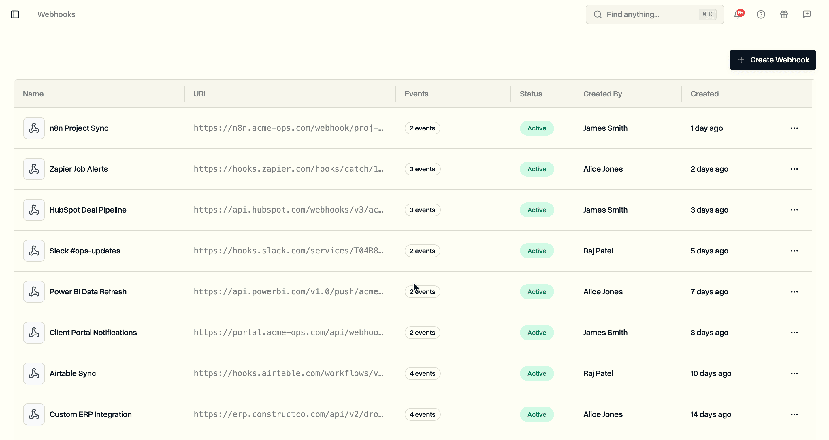 Webhooks list in workspace settings