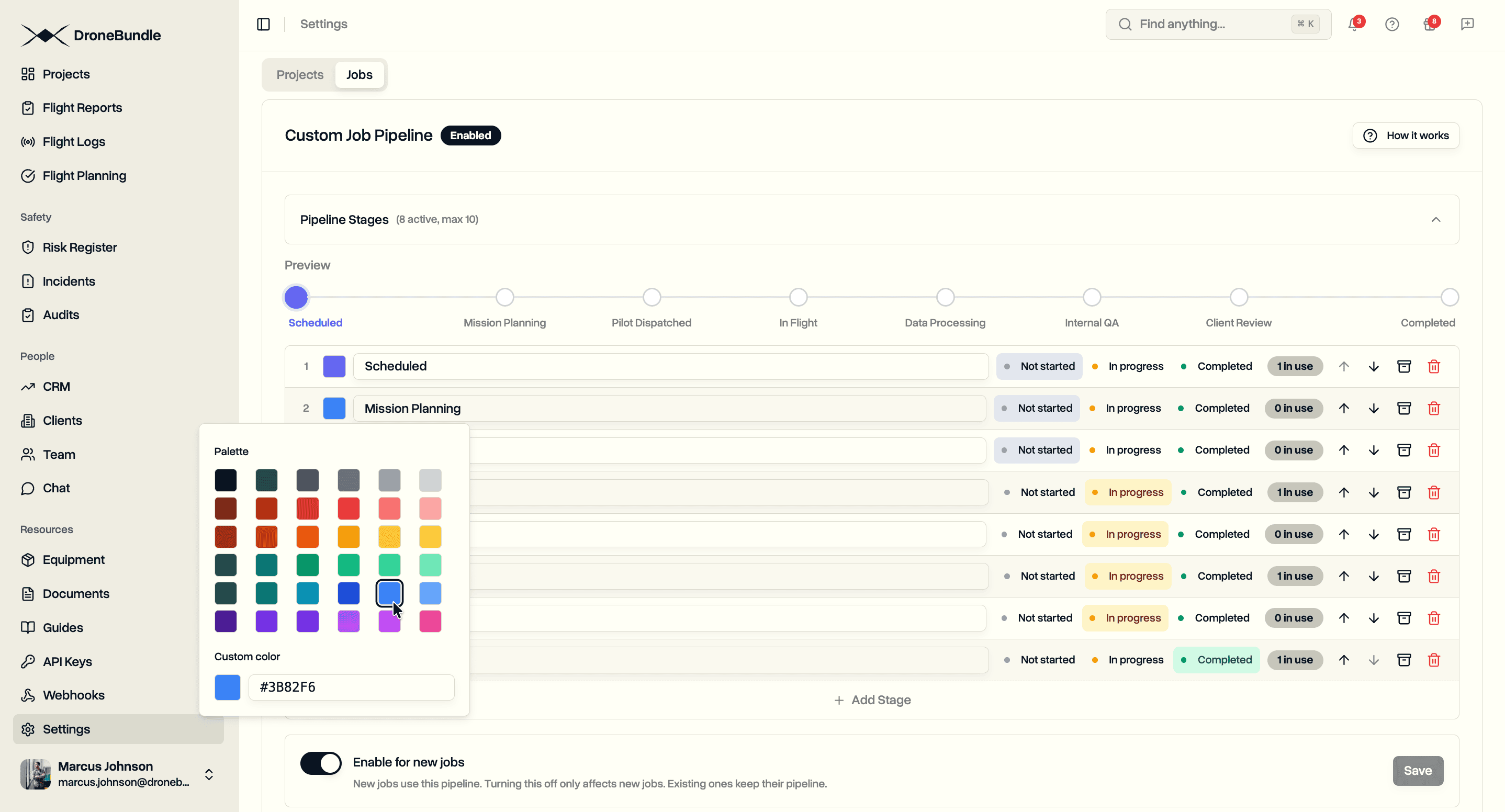 Color palette popover with preset swatches and a custom hex input