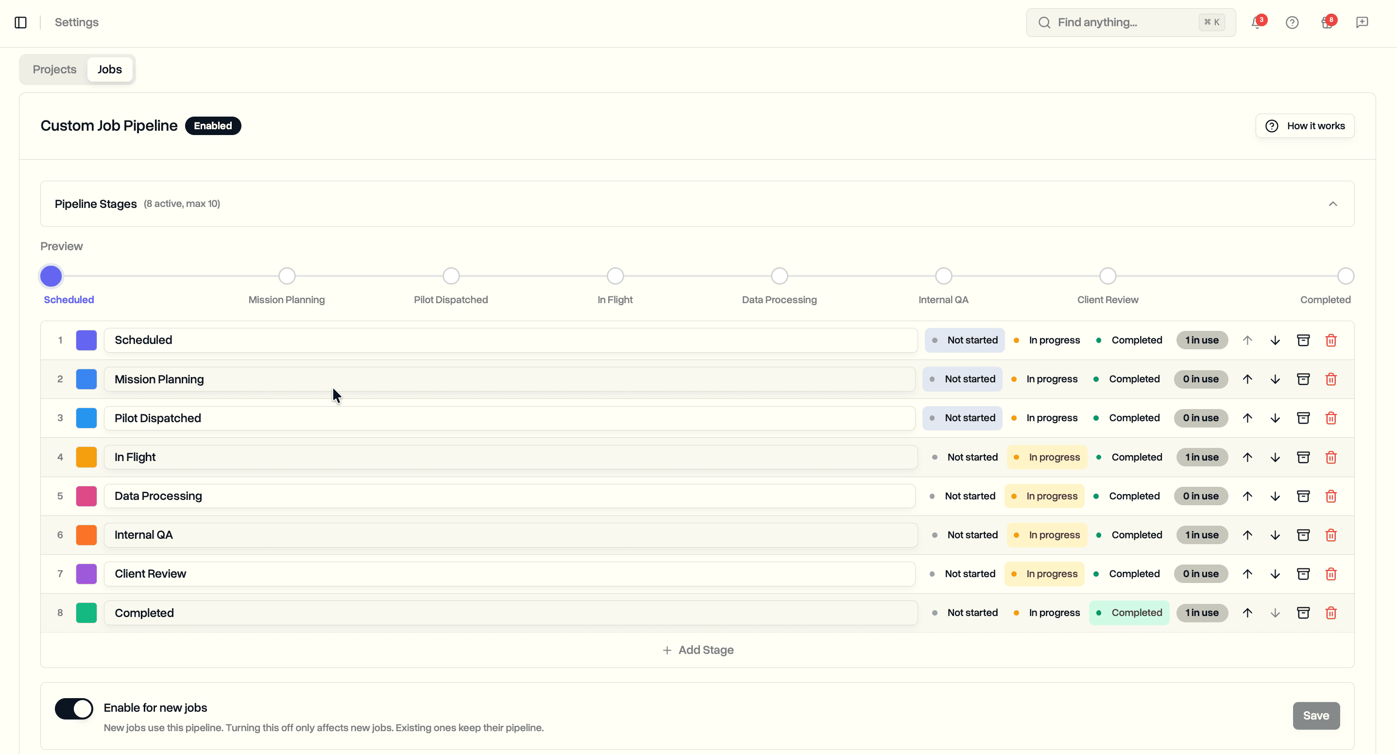 Custom Job Pipeline builder with a category pill (Not started / In progress / Completed) on every stage row