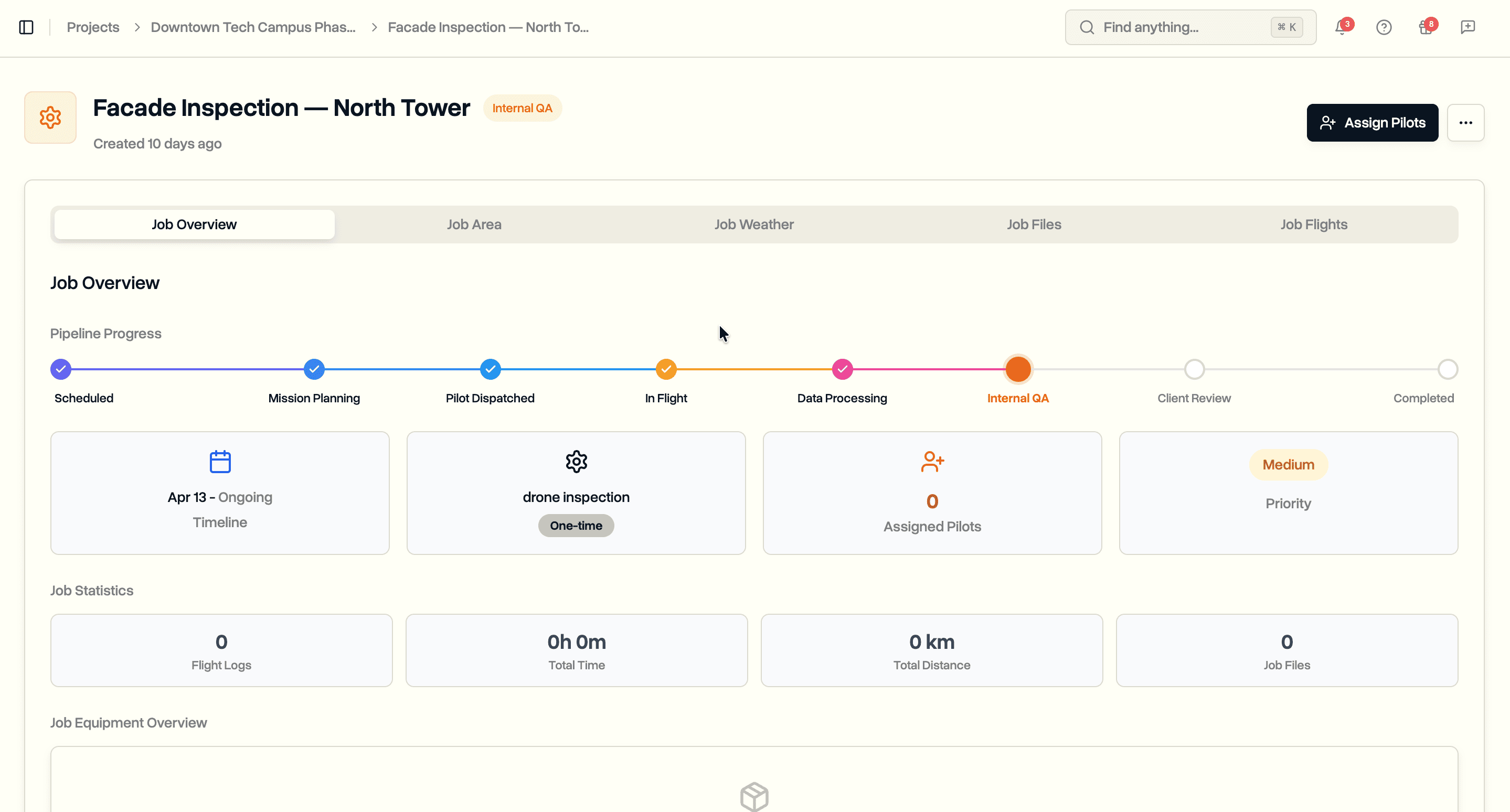 Job detail page with the pipeline stepper showing progression from Scheduled through Internal QA, with Client Review and Completed still ahead
