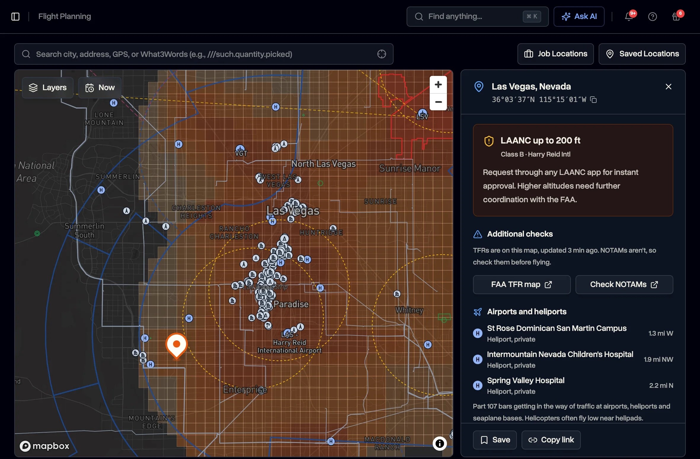 DroneBundle pre-flight airspace check for a site in Las Vegas