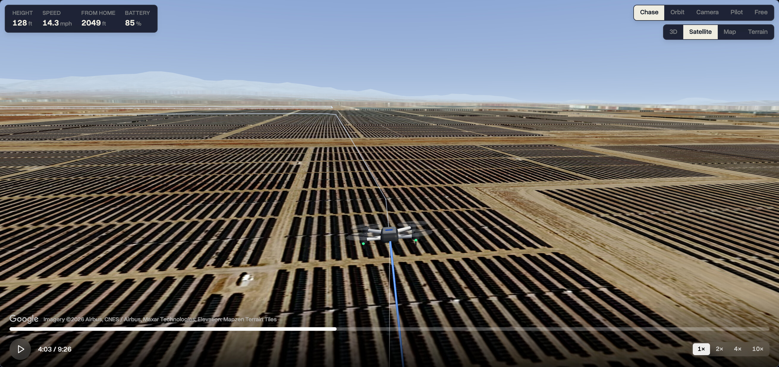 A DJI Dock flight over a solar farm replayed in 3D in DroneBundle