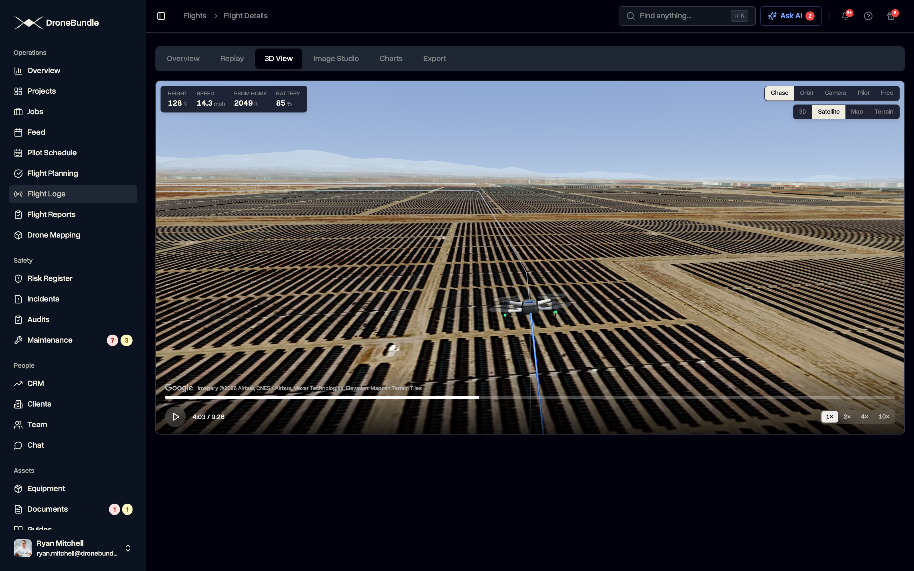A DJI Dock flight over a solar farm replayed in 3D in DroneBundle
