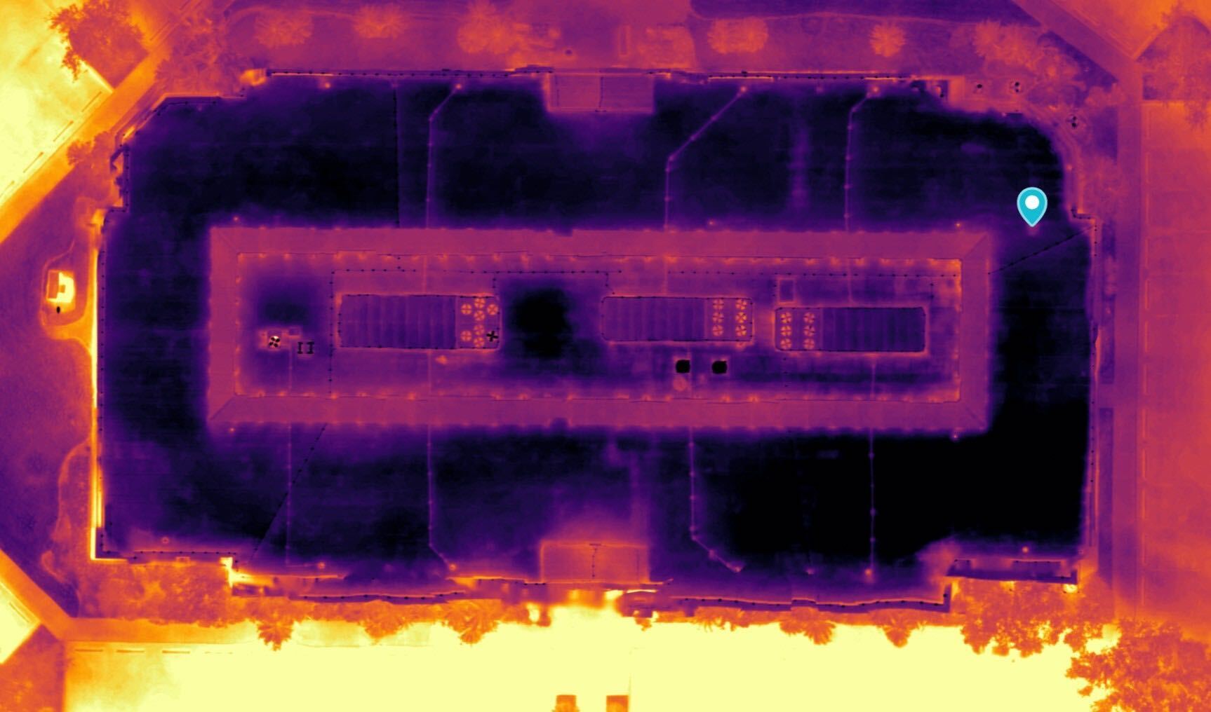 Thermal imaging of commercial rooftop captured by drone