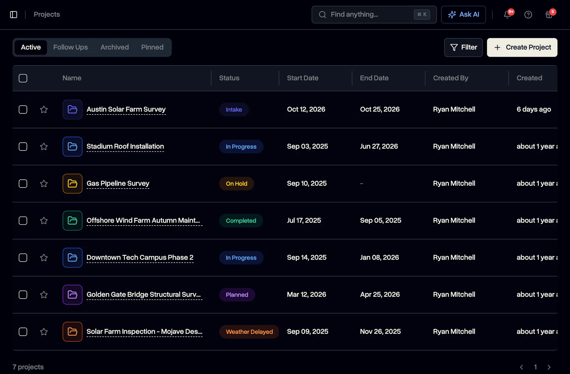 Projects screen in DroneBundle