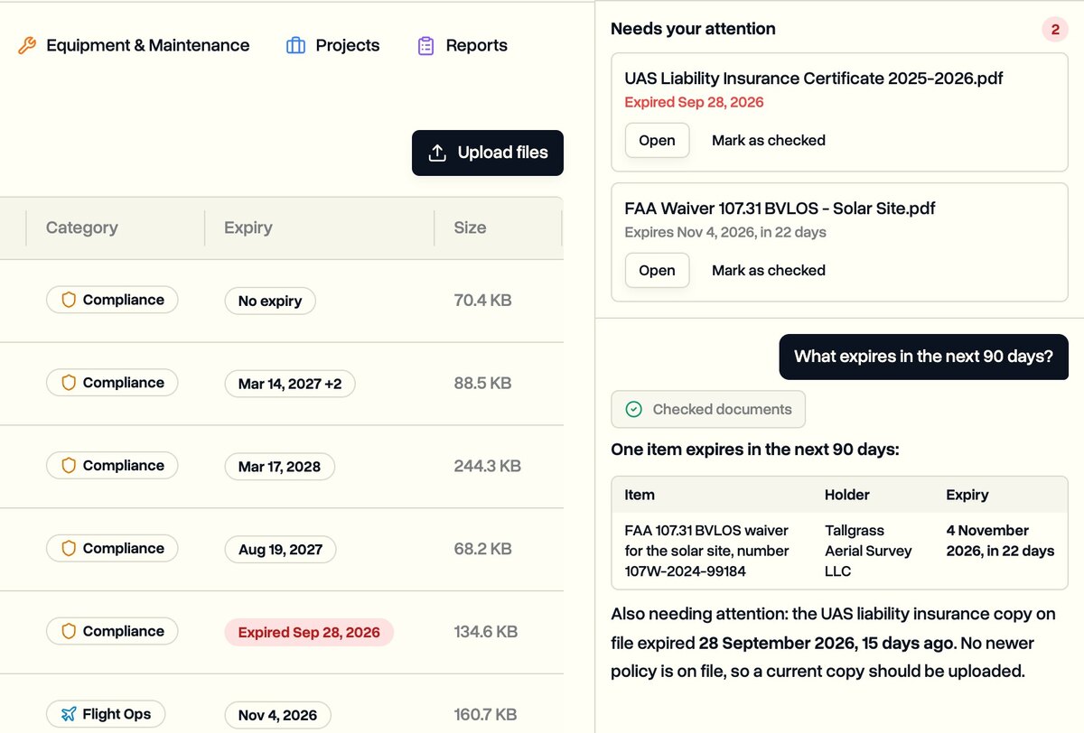 DroneBundle AI listing the documents that need attention and answering what expires in the next 90 days