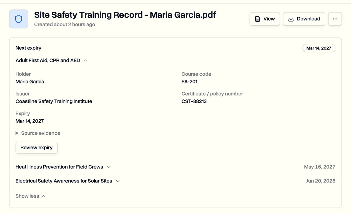 A training record with three courses, each with its own expiry date