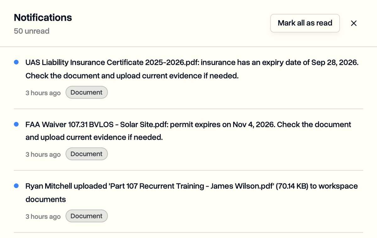 Notifications for an expired insurance certificate and a waiver that expires soon