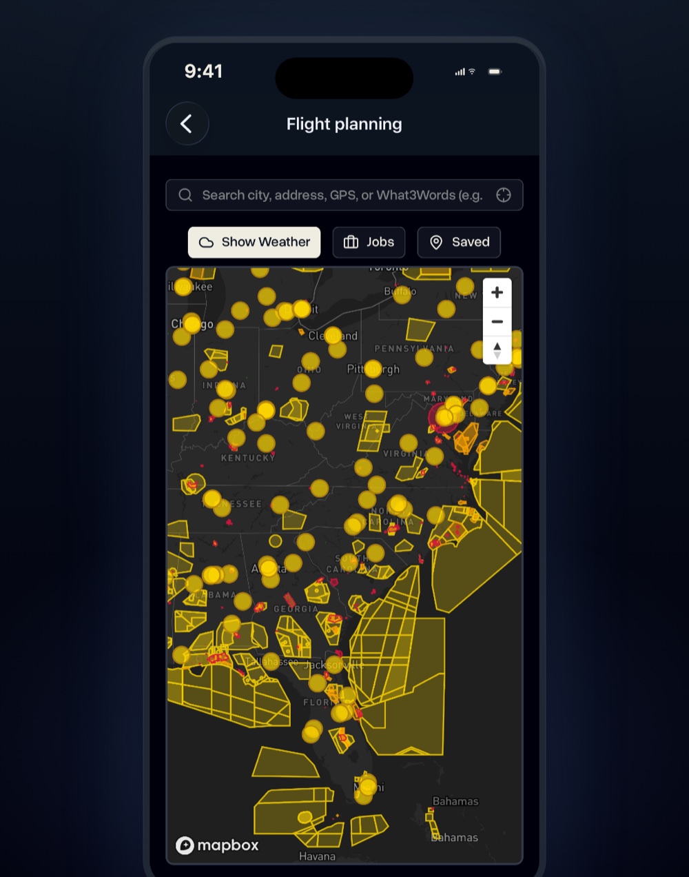 The airspace map open in the DroneBundle iPhone app with zones drawn around the site