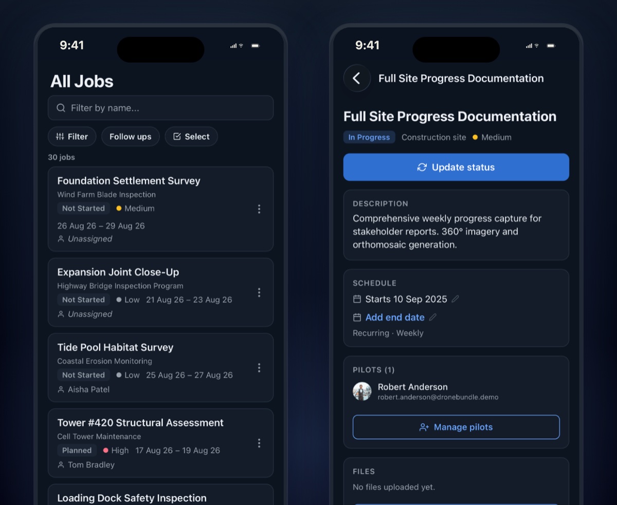 The job list and a single job open in the DroneBundle iPhone app