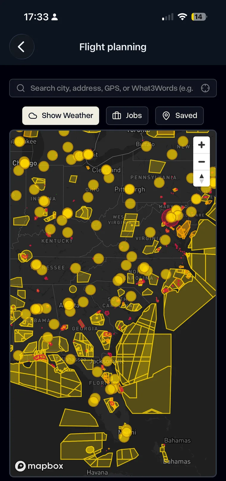 Airspace and weather map in the DroneBundle iPhone app